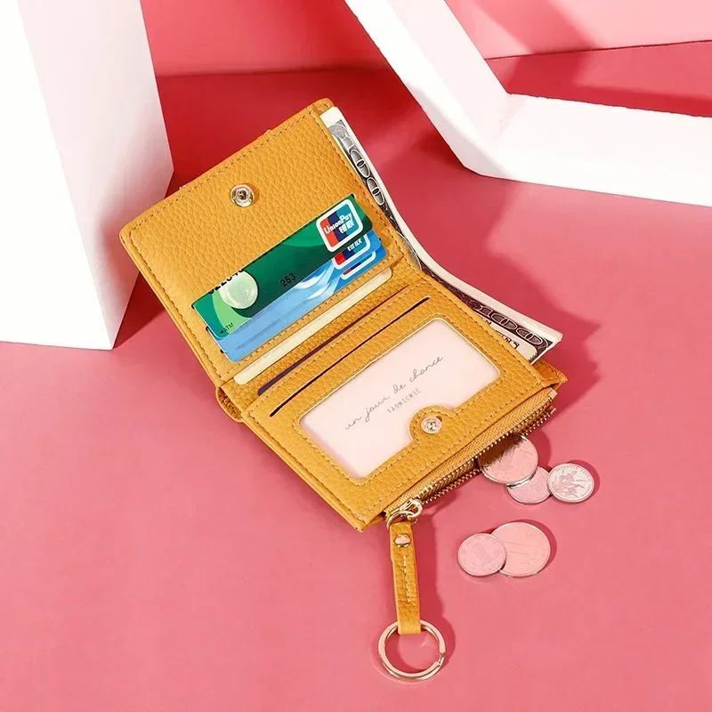 Mini Hasp Card Holder Coin Short Wallets Slim Small Purse Zipper Keychain Yellow Women Wallet Soft PU Leather Female Purse 4