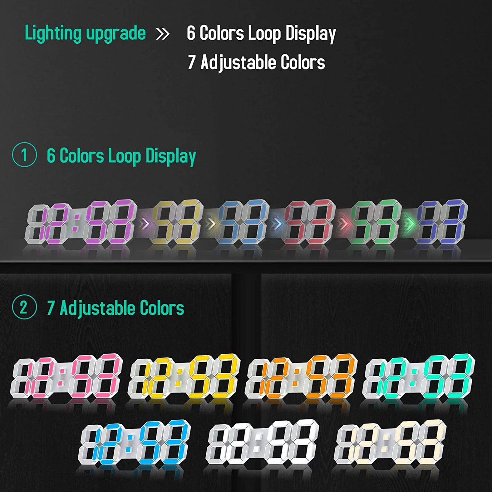 DEEYAPLE 15Inch Colorful LED Digital Clock 12/24H Time/Date Remote Control Snooze USB-Powered Wall/Desk Floating Design for Home