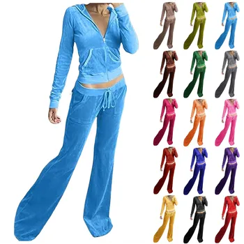 Womens Tracksuit Sets Two Pieces Slim Fit Velvet Outfit Solid Color Casual Slim Fit Zip Up Hoodie Jacket And Sweatpants Suit