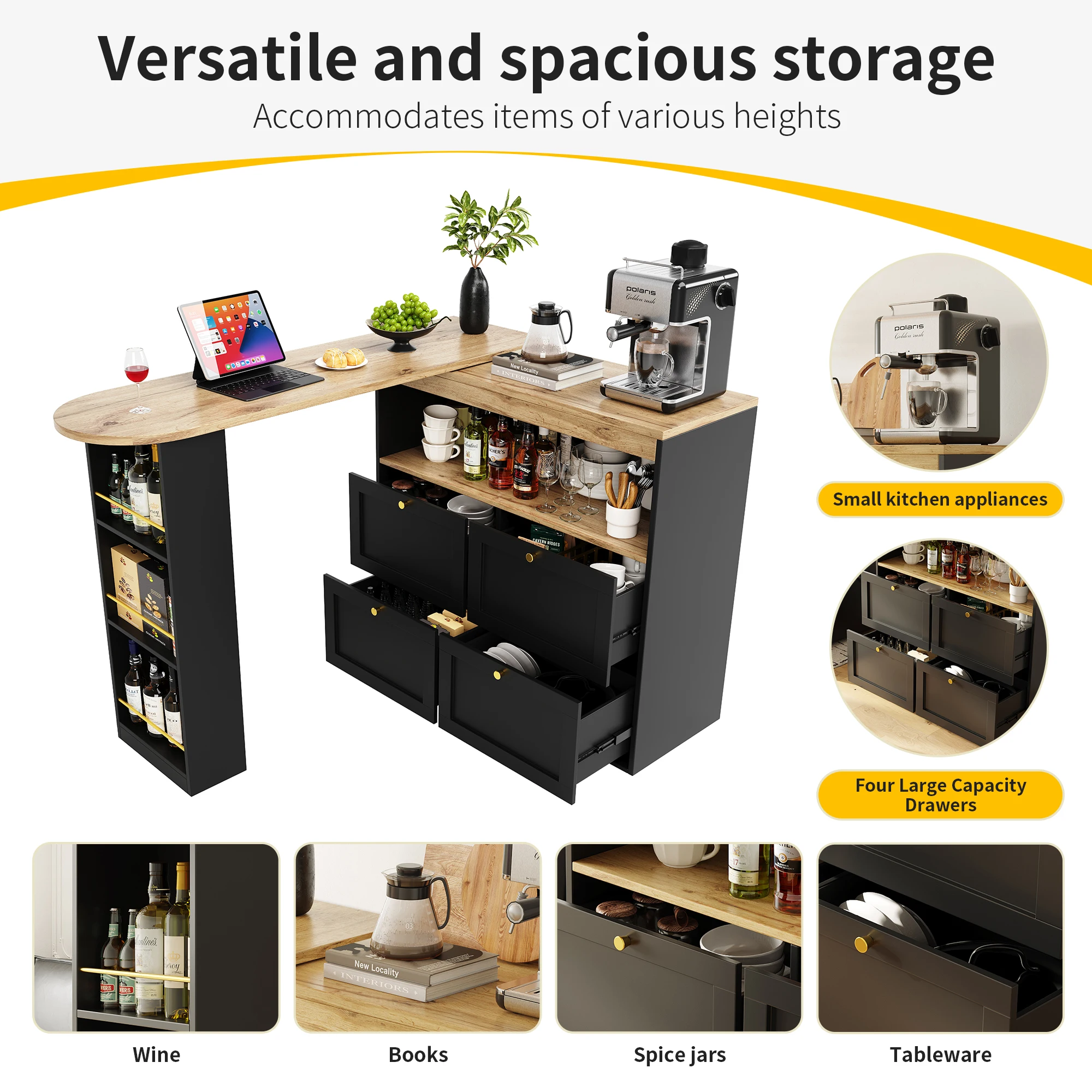 360 ° Drehbarer Bartisch (Hauptkörper 105 x 39 x 102 cm), mit 4 Schubladen und offenen Regalen, geeignet für Esszimmer/Arbeitszimmer/Wohnzimmer – Detail 19