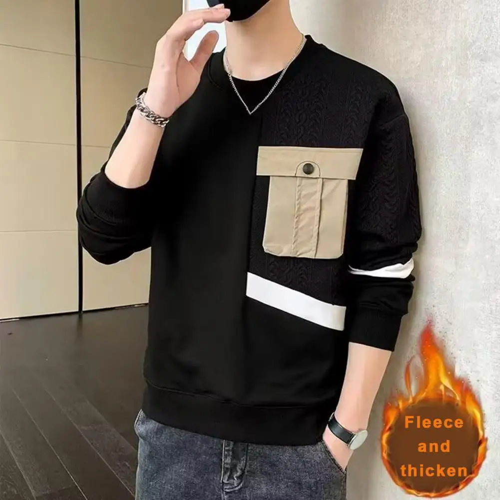 

Men Sweatshirt Men's Round Neck Patchwork Sweatshirt with Applique Pocket Soft Breathable Pullover for Fall Spring Casual Mid