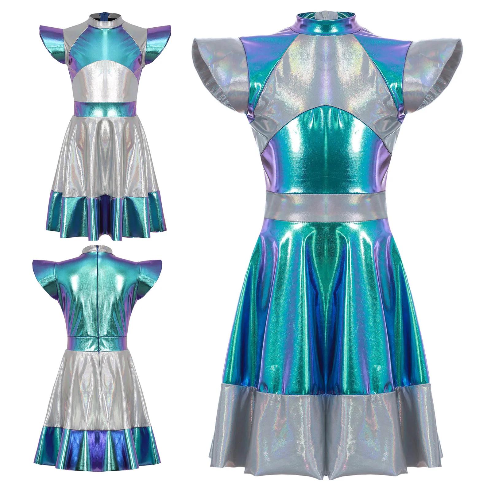 Kids Girls Alien Outer Space Role Play Dress Halloween Cosplay Cap Sleeve Color Block Dress Girls Dress Kids Clothes