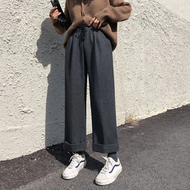 

Elastic Waist Thicken Simple Woolen Pants 2023 Autumn Winter Women Trousers Office Lady Loose Warm Ankle-Length Wide Leg Pants