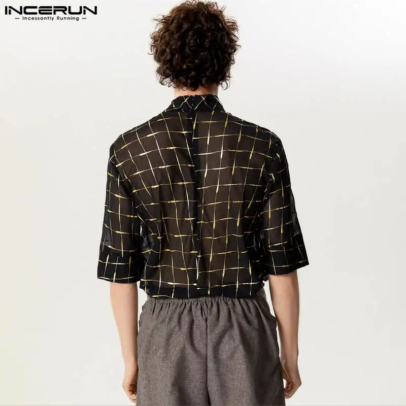 INCERUN 남성용 셔츠 인쇄 스탠드 칼라 반팔 장갑, 쉬폰 스트리트웨어, 캐주얼 남성 의류, 투명 S-5XL, 2024