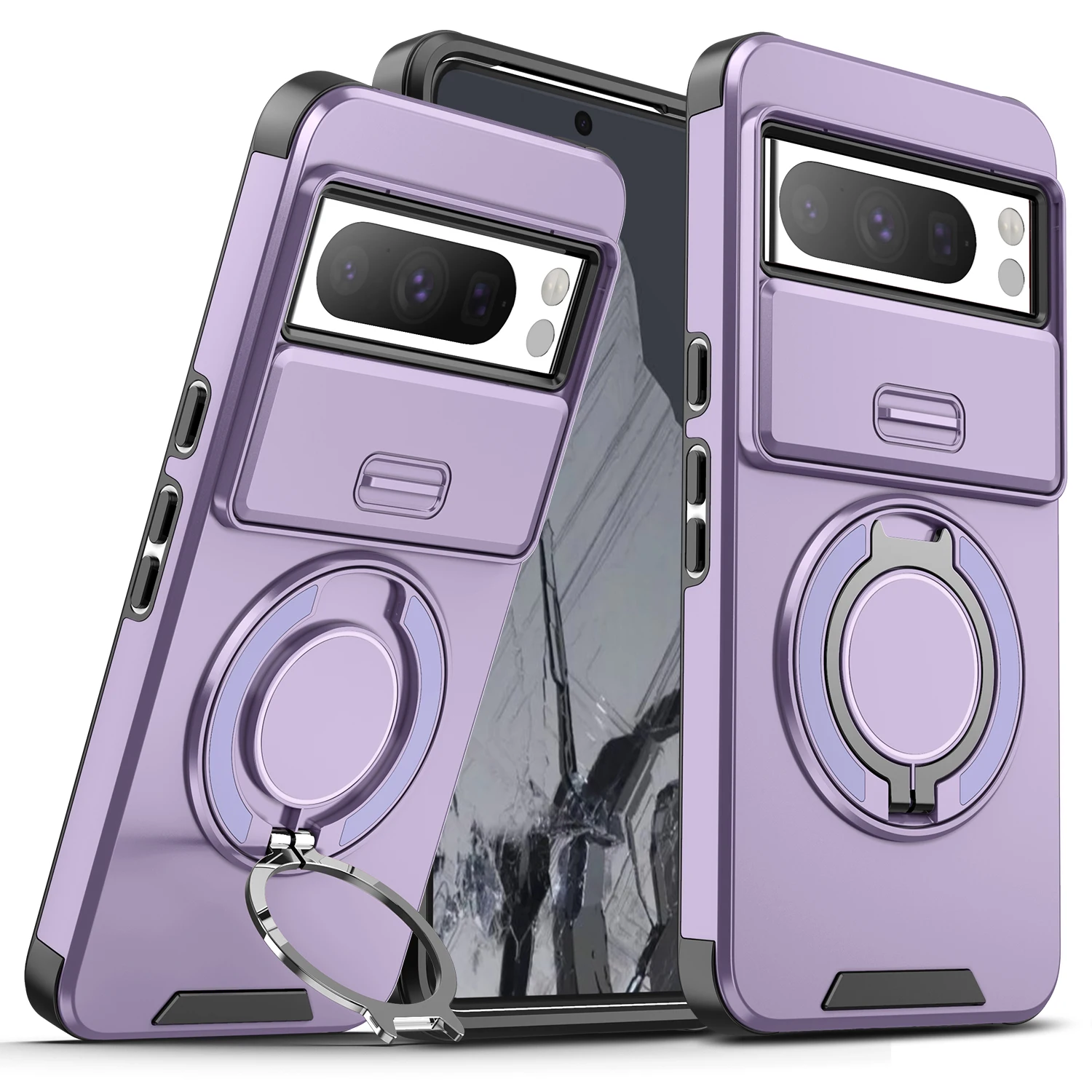 360° Rotating Finger Ring Bracket Heavy Slide Camera Case with Magnetic Wireless Charging Compatibility