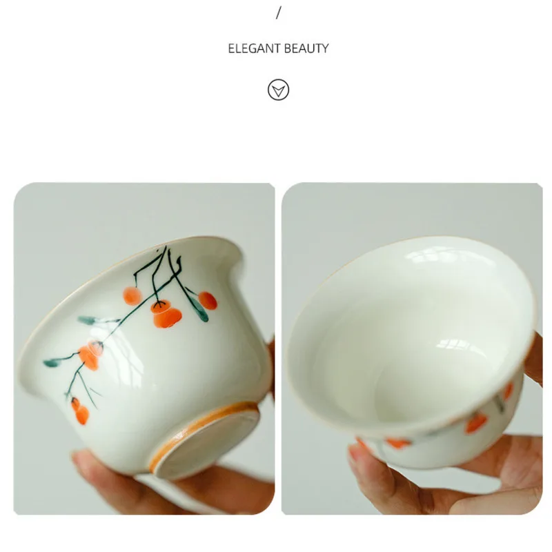 Hand Painted Persimmon Gaiwan 120ml Chinese Ceramic Cover Bowl Tea Cup Handmade Tea Bowl Puer Maker Gaivan Drinking For