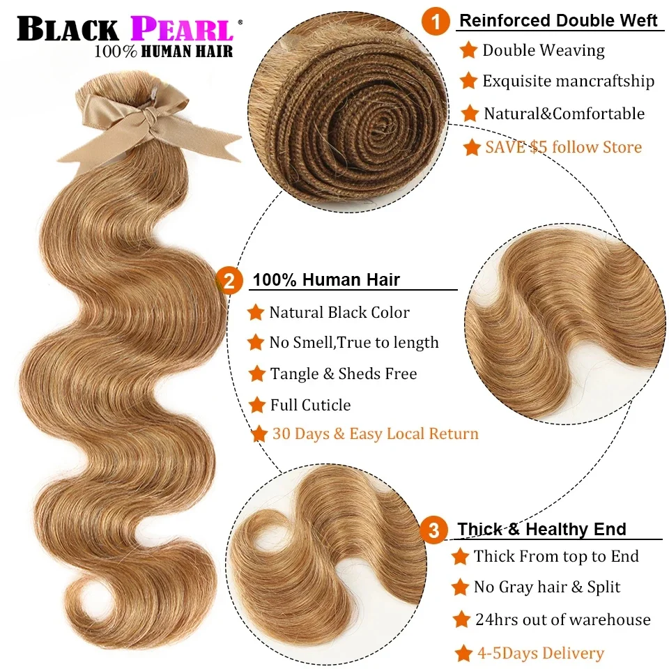 QVR Honey Blonde 27 Colored Hair Brazilian Body Wave Natural Remy Hair Bundles 8 To 26 Inches Sold By 1/3/4 Extension