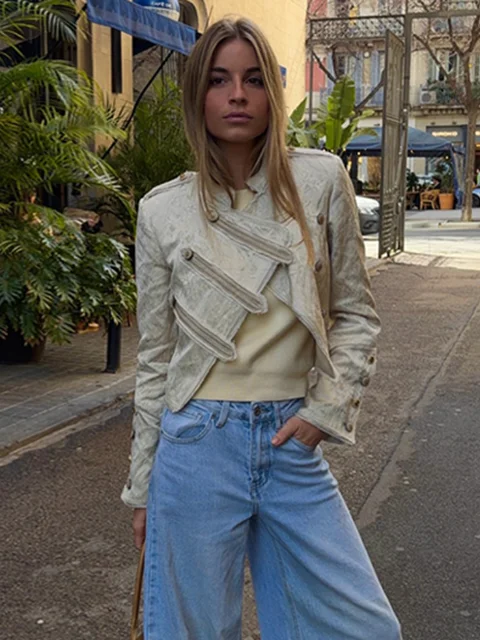 Asymmetrical Double Breasted Napoleon Jacket Stand Collar Long Sleeve Women Crop Coat 2026 Spring Chic High Street Retro Blazer 1