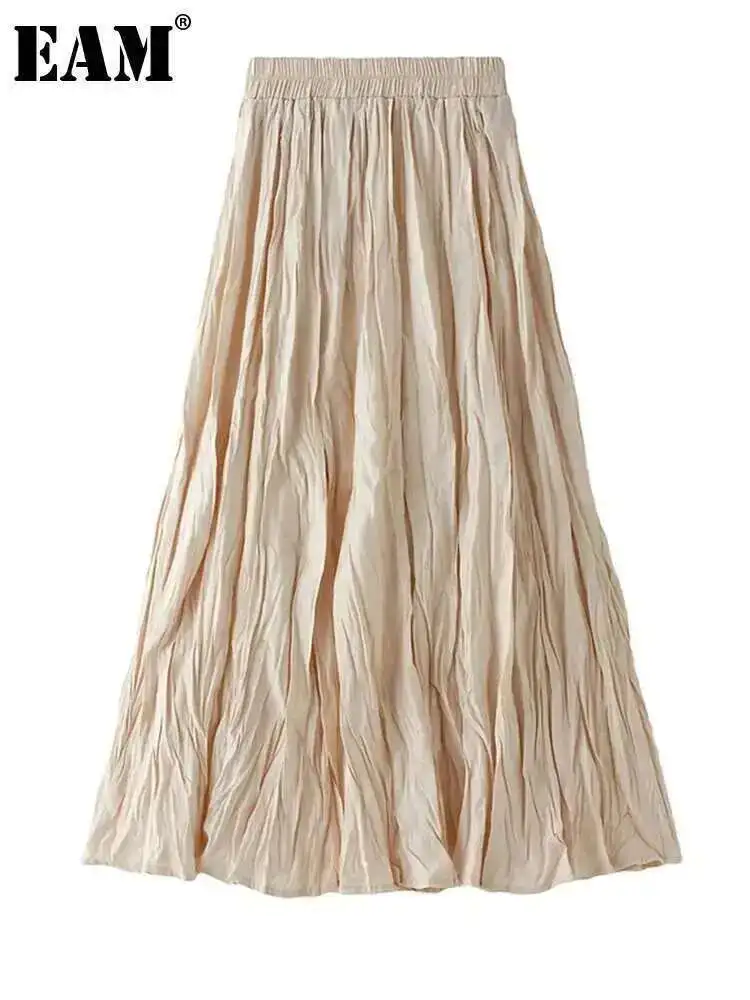 EAM مرونة عالية الخصر النبيذ الأحمر مطوي أنيقة ألف خط نصف الجسم تنورة المرأة موضة المد جديد ربيع الخريف 2025 1DJ0437