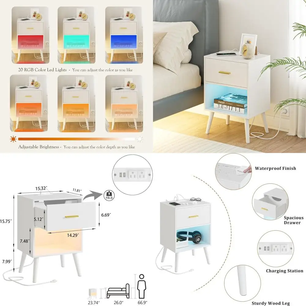 LED-Lit Charging Nightstand, Compact Side Table, Bedroom & Living Room Accent in White