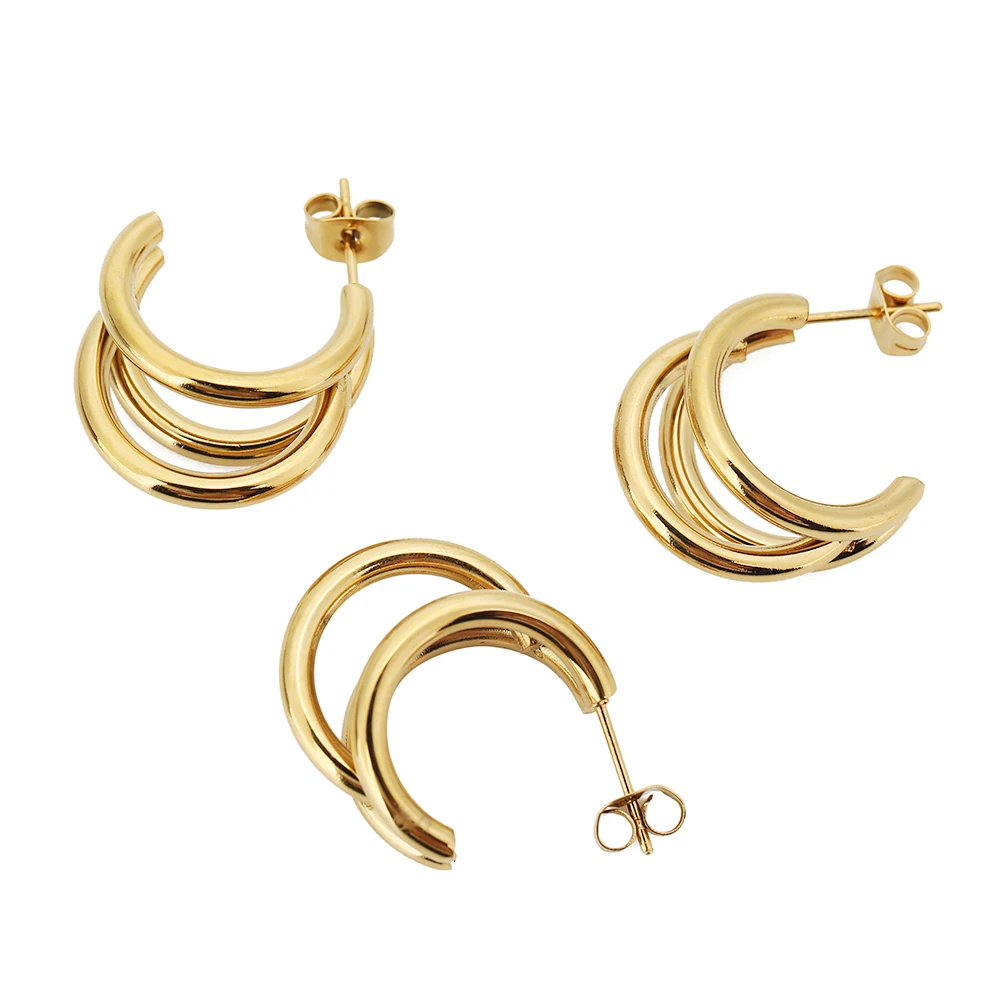 1 Pair 18K Gold Plated Stainless Steel Triple C Hoop Earrings Trendy Exaggerated Huggie Earring Hip Hop Jewelry Gifts for Women 6