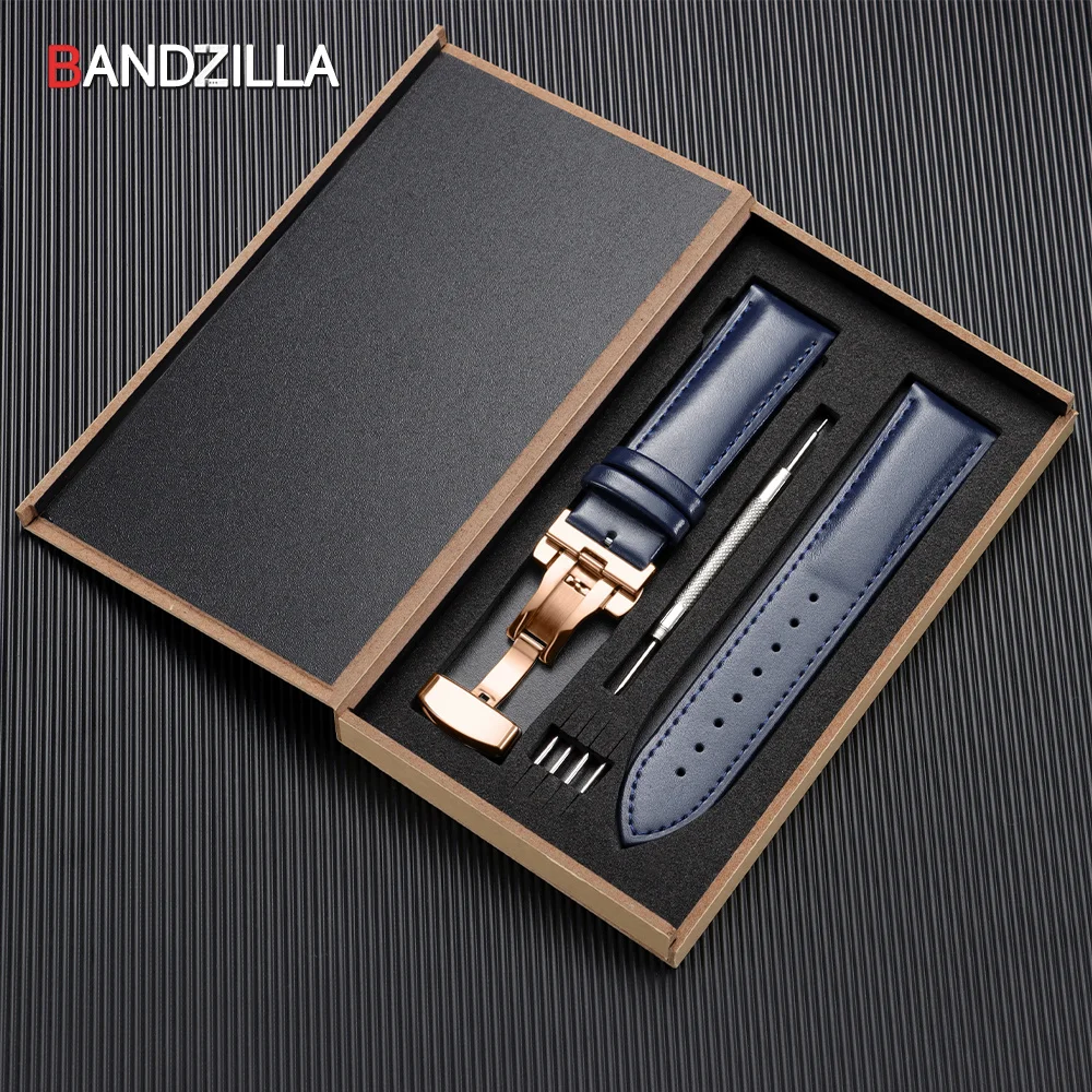 Elegant Genuine Leather Watchband with Butterfly Buckle - Includes Premium Wooden Box