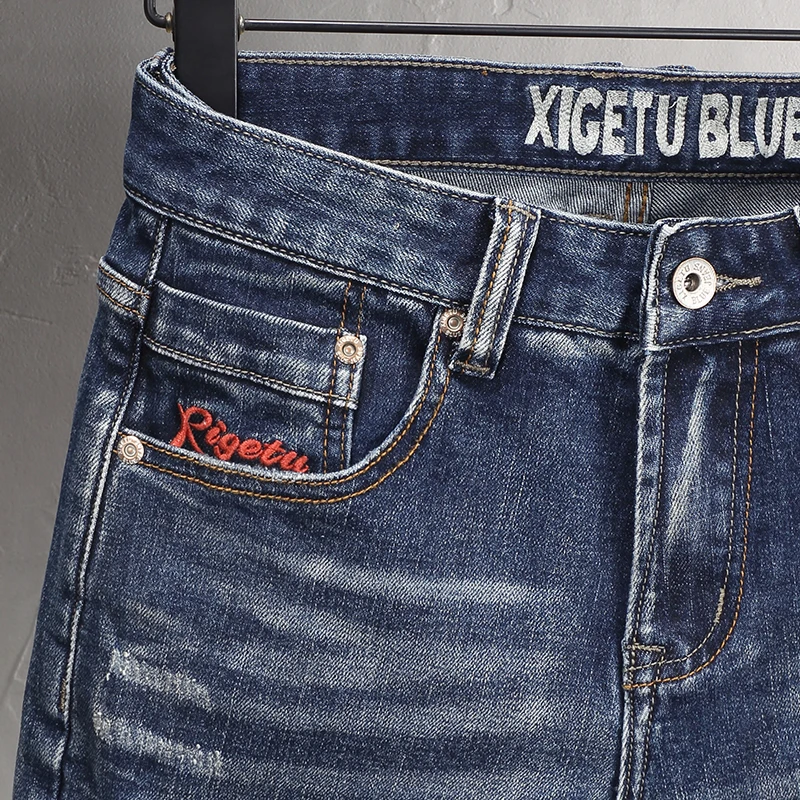 Italian Style Fashion Men Jeans Retro Washed Blue Elastic Slim Fit Ripped Jeans Men Embroidery Designer Vintage Denim Pants
