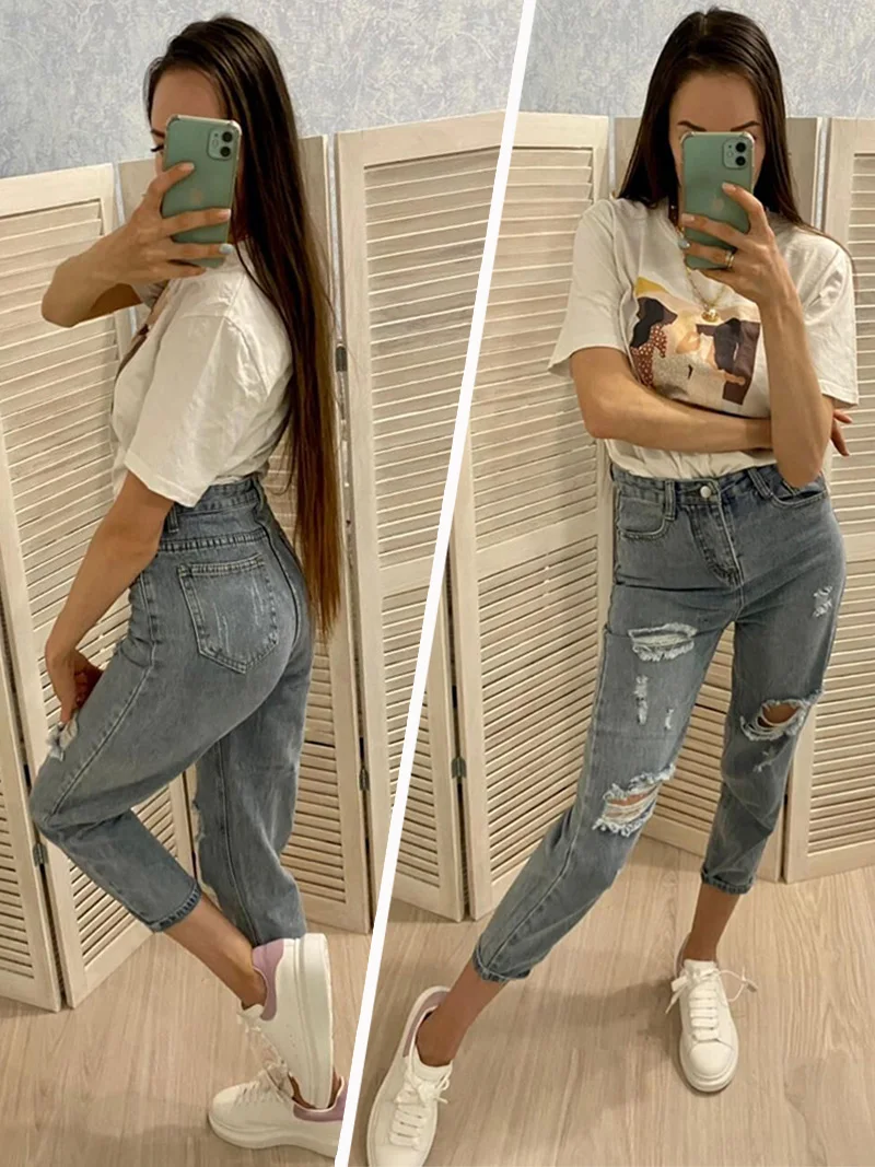 Ailegogo New Summer Women Washed Loose Denim Jeans Pants Straight Ankle Length Pants Female Tassel Hole High Waist Trousers ariat jeans