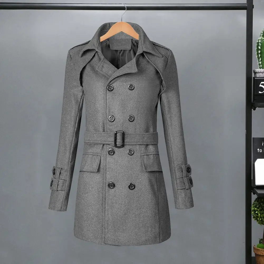 

Woolen Coat Stylish Men's Double Breasted Woolen Jacket with Lapel Pockets Belt for Autumn Winter Business Casual Attire Winter