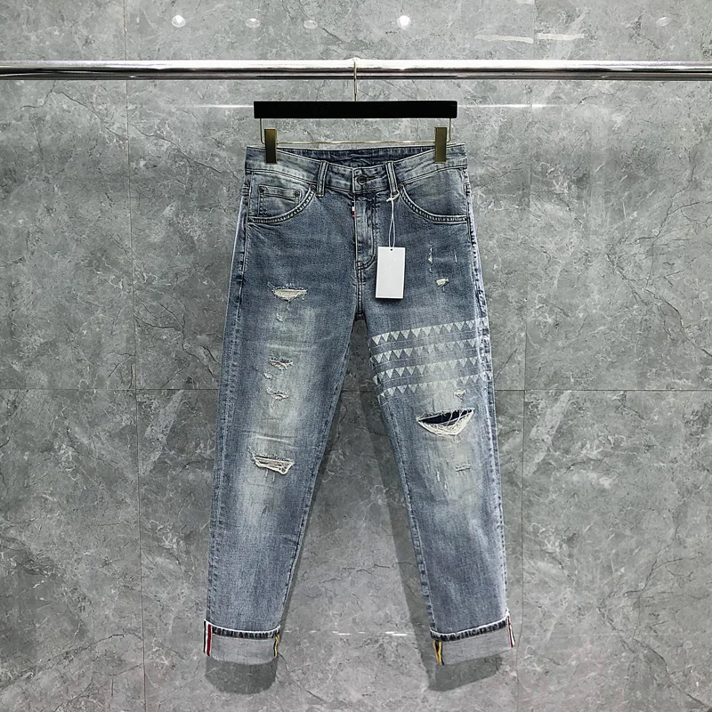 

TB THOM Men's High-end Jeans 4-Bar Striped Hole Design Men Luxury Leisure Trousers Famous Unisex High Quality Elasticity Pants