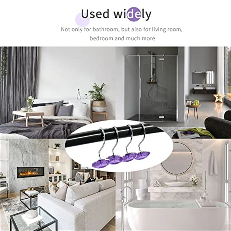 12Pcs Acrylic Round Bling Hooks Rings Acrylic Decorative Rhinestone Glass Shower Curtain Rolling Hooks Bathroom Bath Supplies 4