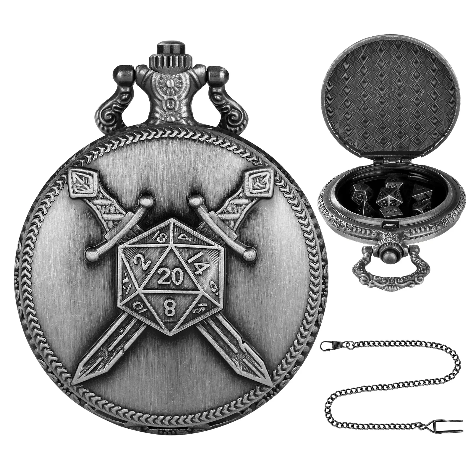 Vintage-Inspired Double Dragon DND Dice Jewelry Pocket Watch Case with 7 Metal Dice Set