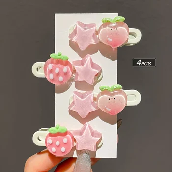 Accessorio per capelli a forcina a becco d'anatra con frangia laterale a forma di stella di fragola dolce da donna 4 pezzi 1