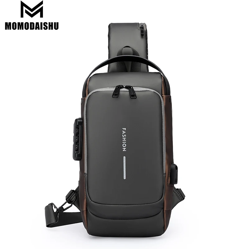 

USB Charging Men Multifunction PU Chest Bag Sport Sling Bag Male Anti-theft with Password Lock for Riding Motorcycle Chest Packs