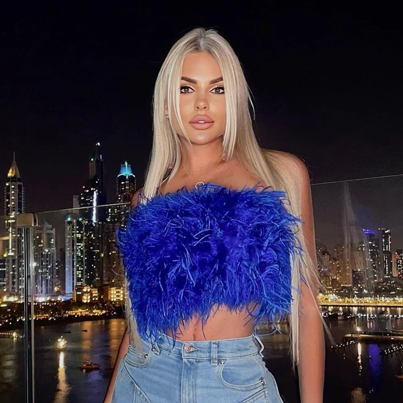 Furry Crop Top Camis Women Natural Ostrich Feather Tank Tunic Vest Sleeveless Bra Club Party Female Tube Cropped Tops Wrap