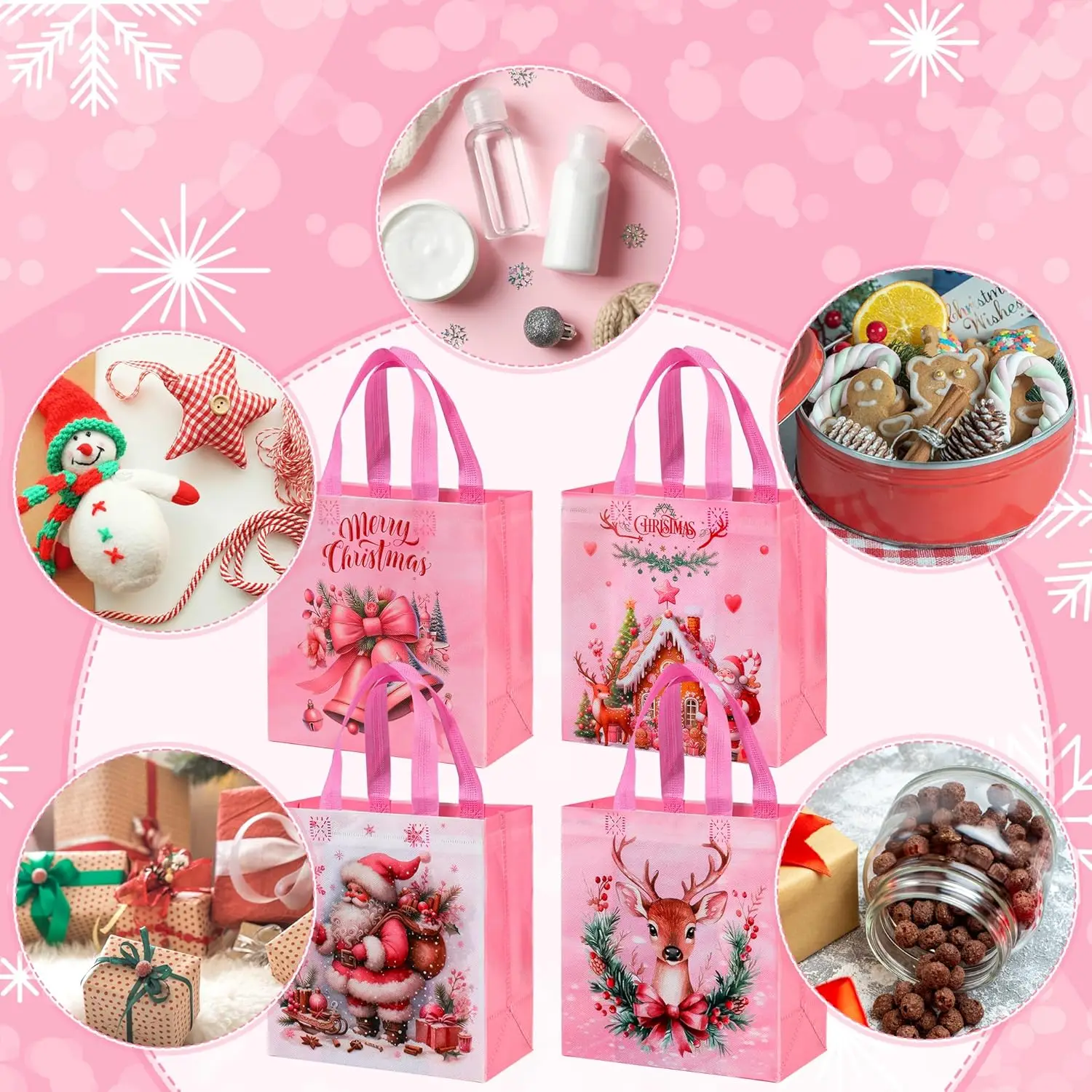Non-Woven Christmas Gift Bags For Children Reusable Pink Christmas Bag With Handle Santa Claus Reindeer Berries Pattern Tote Bag