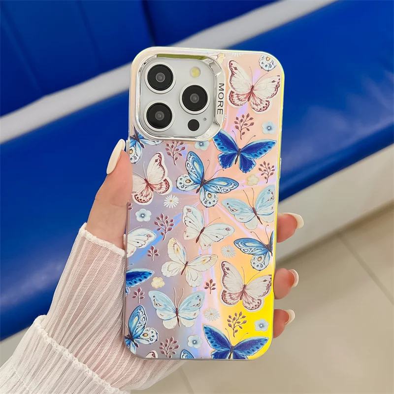 Coque de téléphone de luxe électroplaquée au laser papillon pour iPhone 16 15 14 13 Pro Max, coque arrière rigide antichoc en PC mat_voghion.com