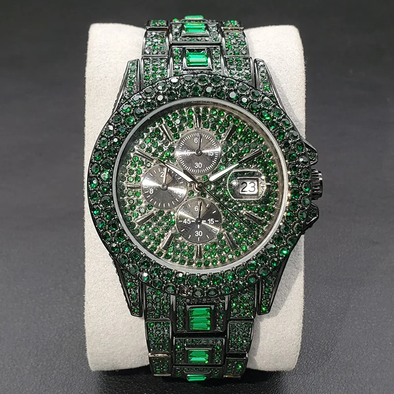 New Green Diamond Watch For Men Luxury Hip Hop Diamond Watches Unique Bling Ice Out Luminous Waterproof Clock relogios masculino