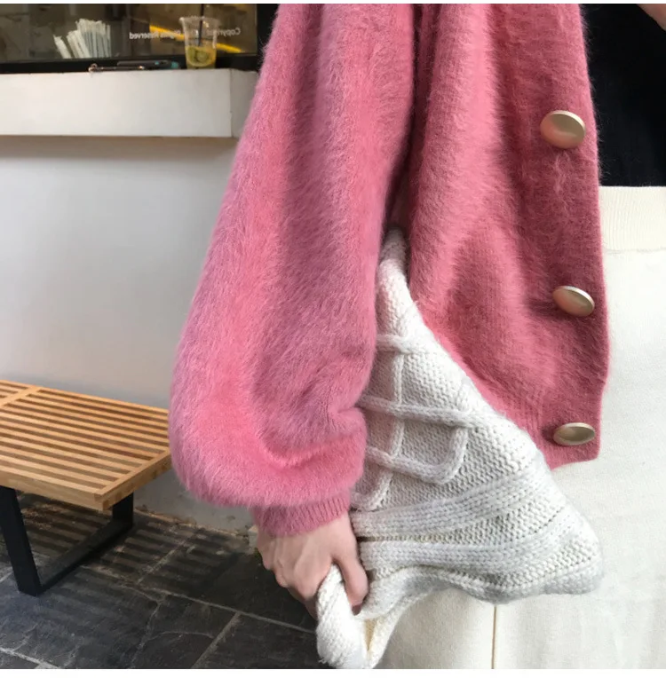 Mink fleece coat 2021 New fall short slouchy style Net Red cardigan v-neck loose top for women turtleneck sweater