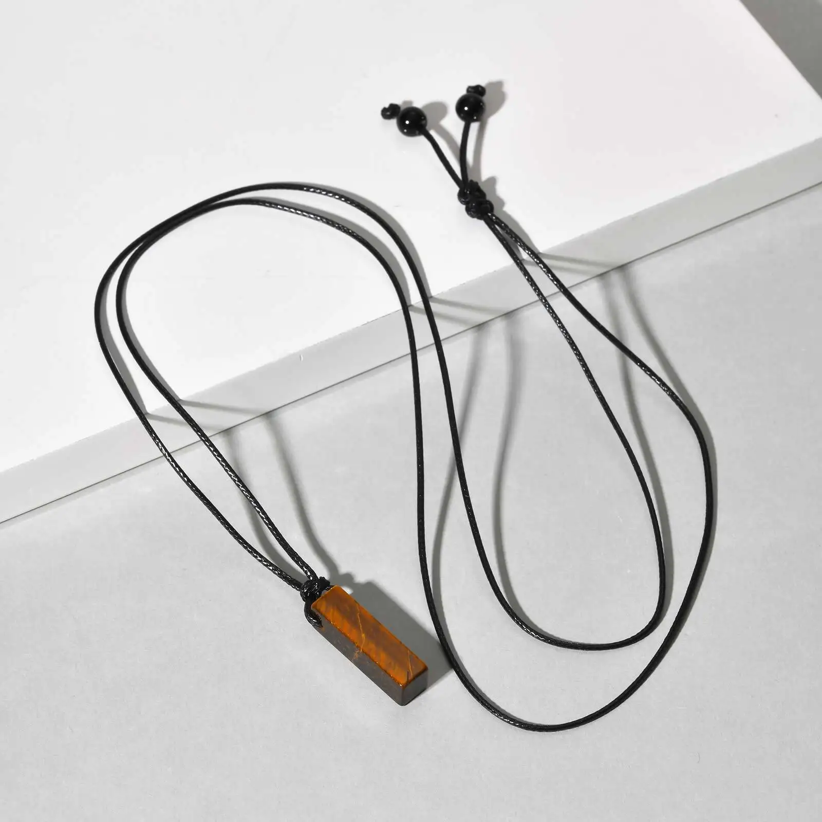 Green Healing Natural Stone Necklace for Men,Cylinder Pendant with Black Leather Long Wax Rope Collar,Sweater Chain Gift