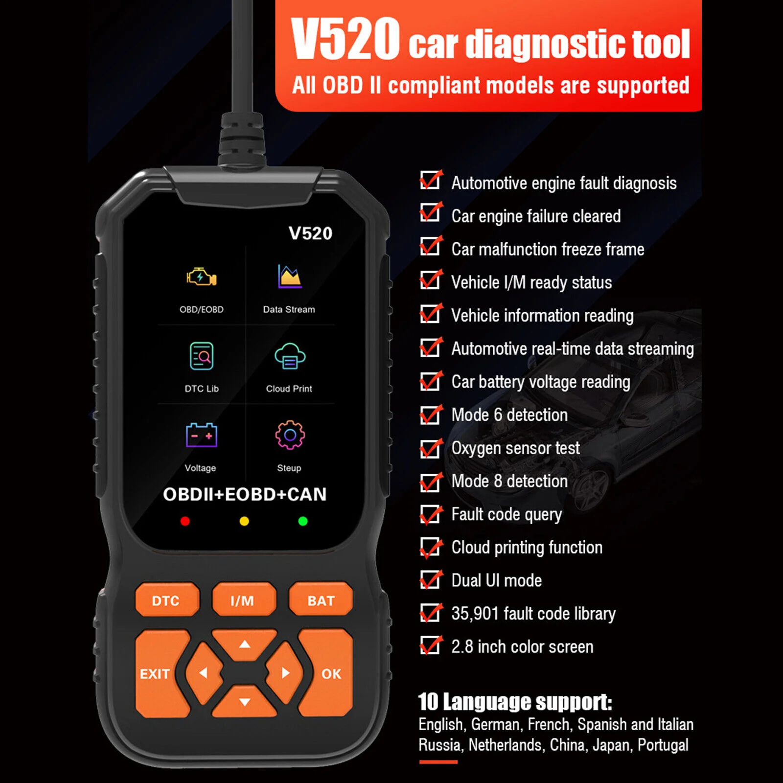 

New V520 Car Diagnostic Detector DC 9V-16V Code Reader OBD2 Function Fault Diagnosis Tester Check Engine Auto Scan Tool