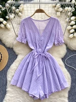 Foamlina Casual Women Summer Playsuits Solid Color Polka Dot V Neck Short Sleeve Buttons Elastic Waist Wide Leg Shorts Jumpsuits - Image 3