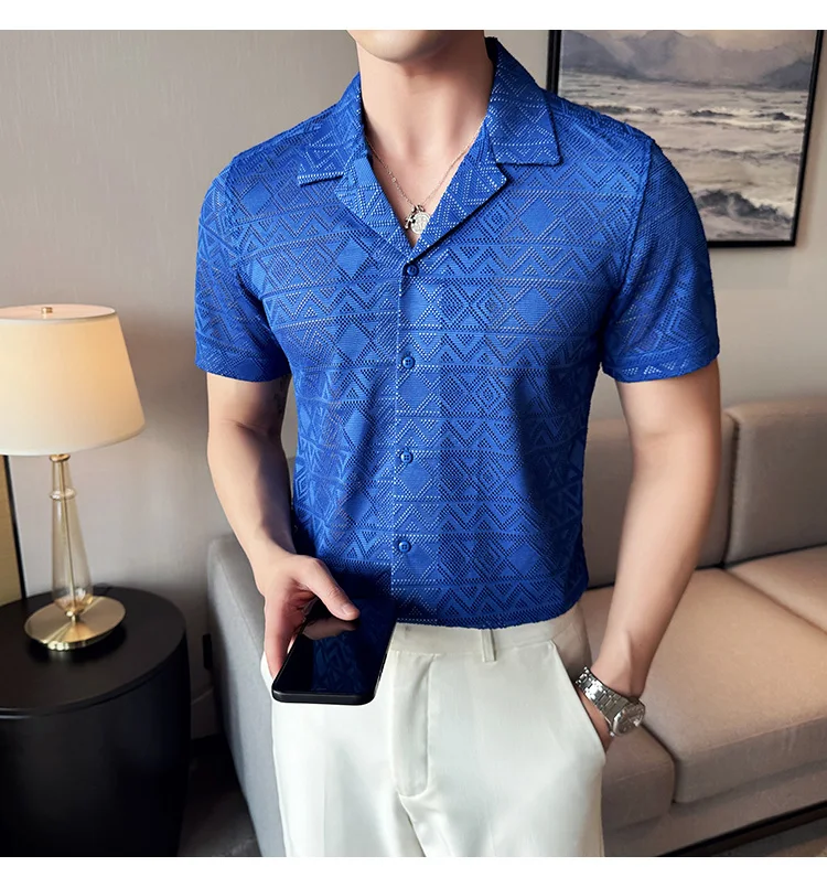 Spring/Summer Short Sleeved Shirt for Men Tailored Collar Lace Shirt Fashion Nightclub Social Party Tuxedo Blouse Streetwear