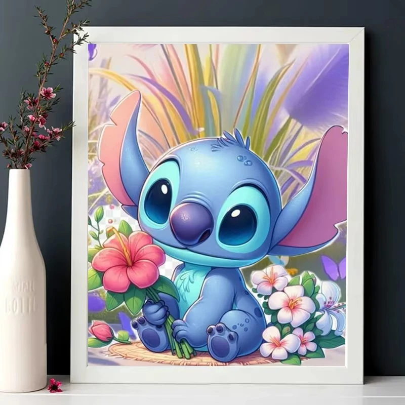 Tableau Décoratif Stitch Fleurs - Décoration Murale Enfant