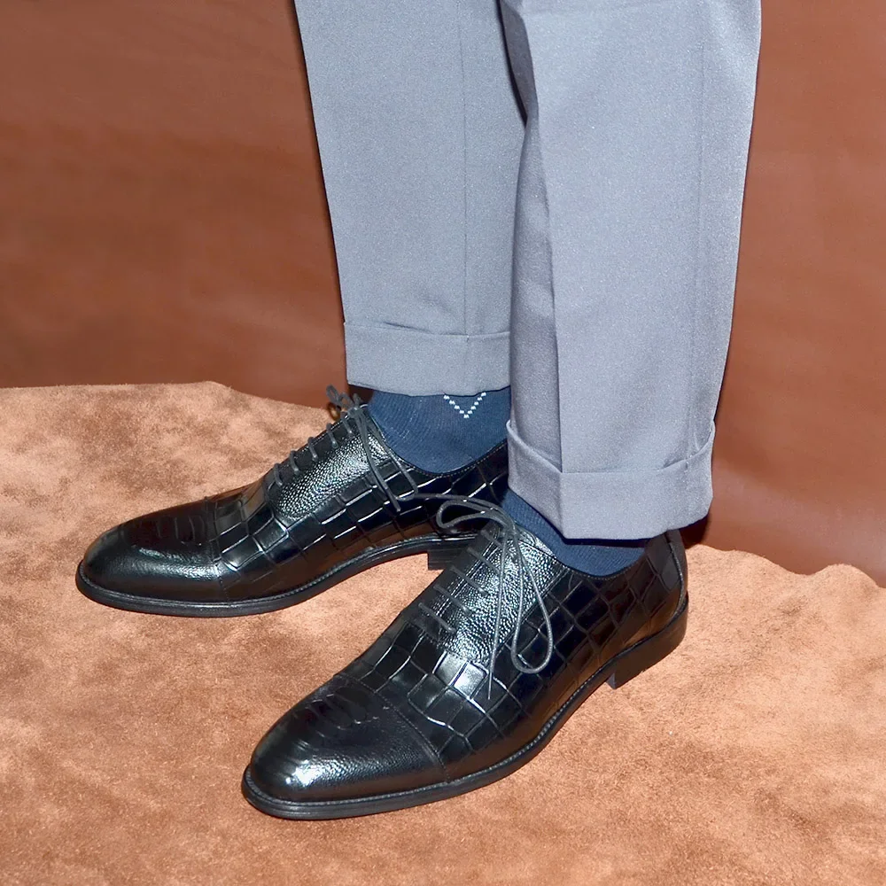 Black Brown Cowhide Genuine Leather Men's Oxford Shoes Lace