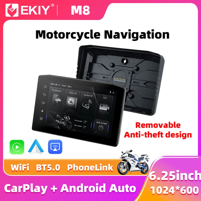EKIY 6.25" Wireless CarPlay Moto Android Auto Portable Digital Dashboard Anti Theft Removable Screen GPS Motorcycle Navigation 1