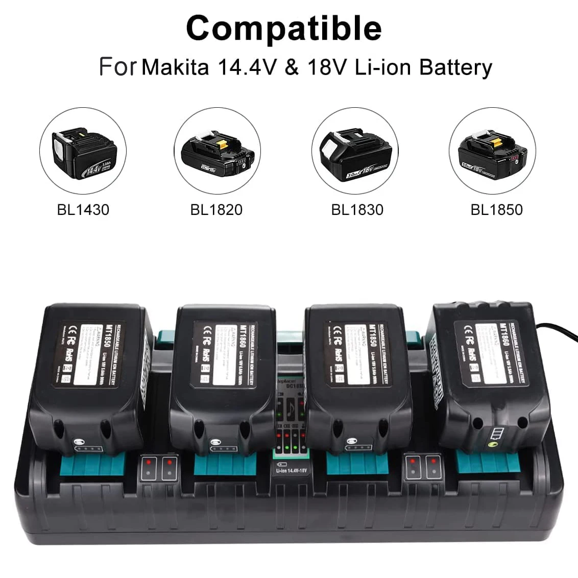DC18SF 4-Port Charger For Makita Battery 14.4V 18V 3A Li-Ion BL1830, BL1830B, BL1840, BL1840B, BL1850, BL1850B, BL1860, BL1860B