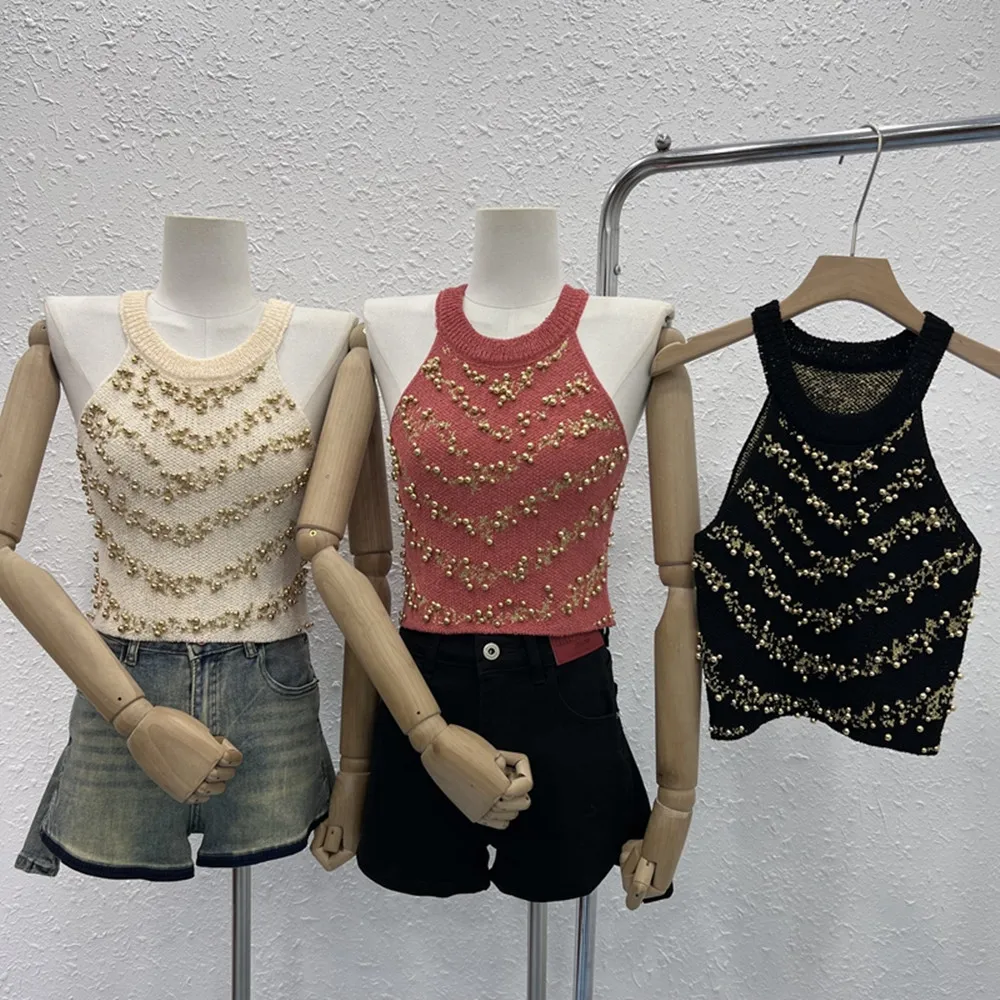 

Свитер-жилет женский с открытыми плечами, пикантный роскошный вязаный укороченный топ в полоску с бисером, модная дизайнерская одежда