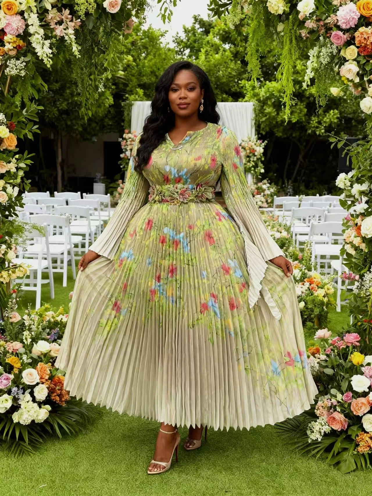 Miyaki Plus-Size Dress Organza Miyake Gown for Banquets, Social Gatherings, Elegant Evening Parties, Weddings, Gradient Style, Slim-Fit Long Dress with a High-End Feel, Fashionable Floral Belt 6