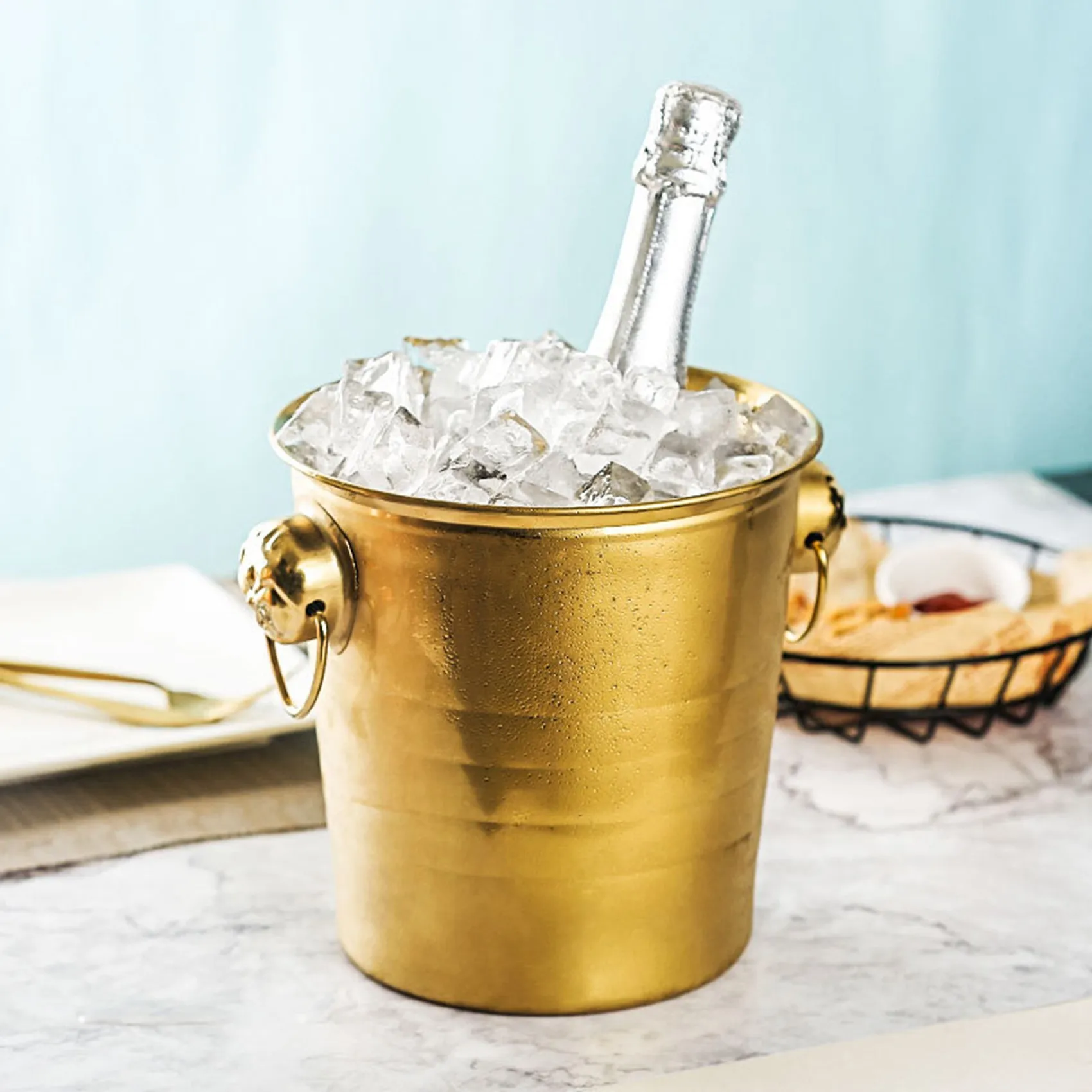 1PC 3L Stainless Steel Ice Bucket Thick Tiger Head Ice Bucket Party (Gold)