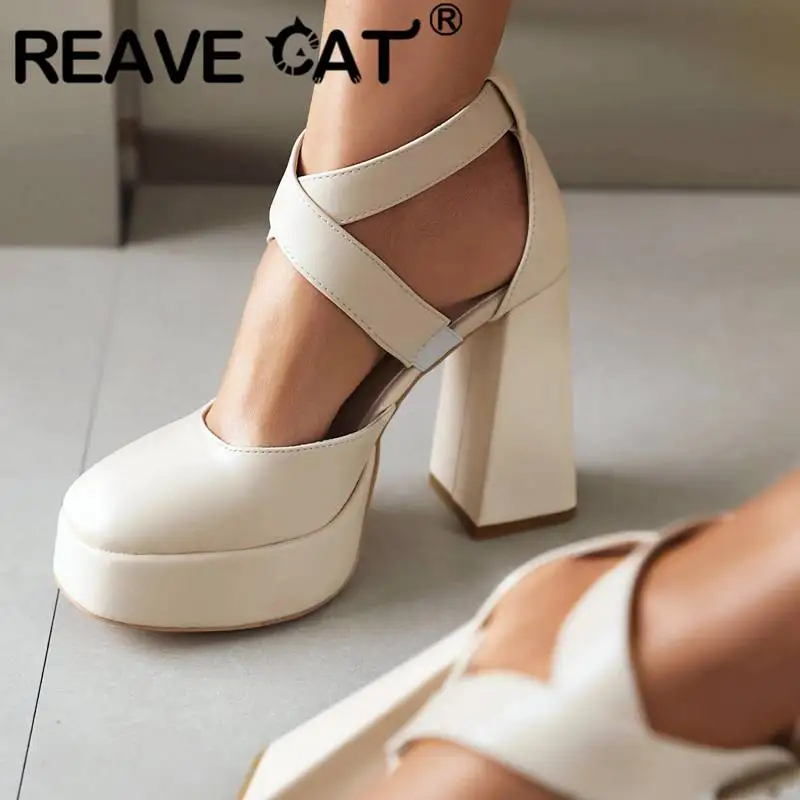 

REAVE CAT Women Pumps Round Toe Block Heels 11.5cm Platform 3.5cm Crossover Buckle Strap Mary Jane Shoes Sexy Dating Big Size 43