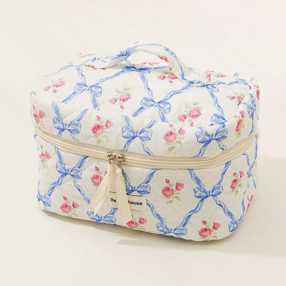 Women Cute Bow Flower Zipper Quilting Cotton Makeup Bag