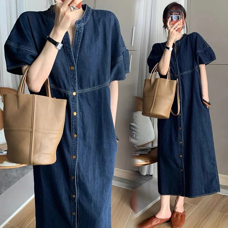 

Summer New Dress Fat Girl Personality Drawstring Denim Shirt Artistic Outerwear Plus size Short sleeve Cardigan A- line Skirt