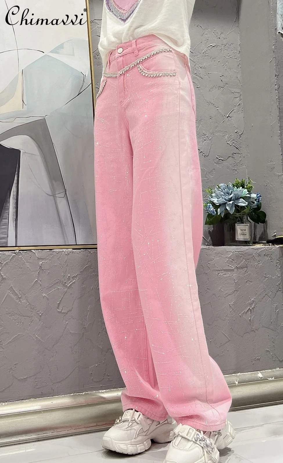 

Pink Gradient Jeans Women's High-Grade Full Diamond Slimming Wide-Leg Pants Beaded Mop Pants 2023 Autumn New Sweet Trousers