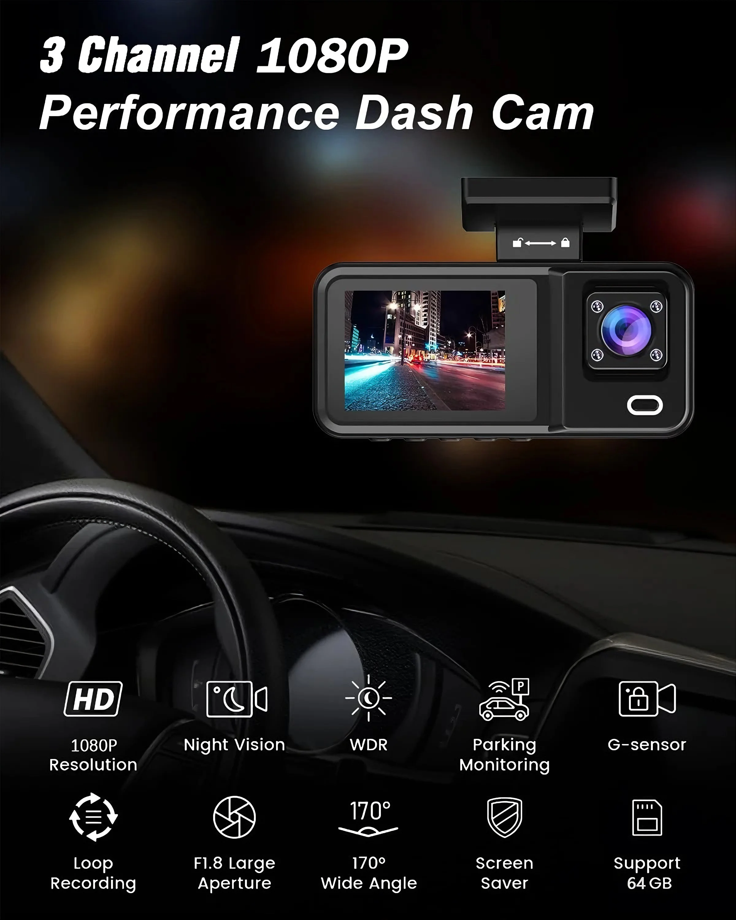 3-Kanal 1080P WLAN Auto-DVR Dashcam Vorne Hinten Innen Dreifach-Videorekorder Nachtsicht Endlosaufzeichnung Black Box – Detail 7