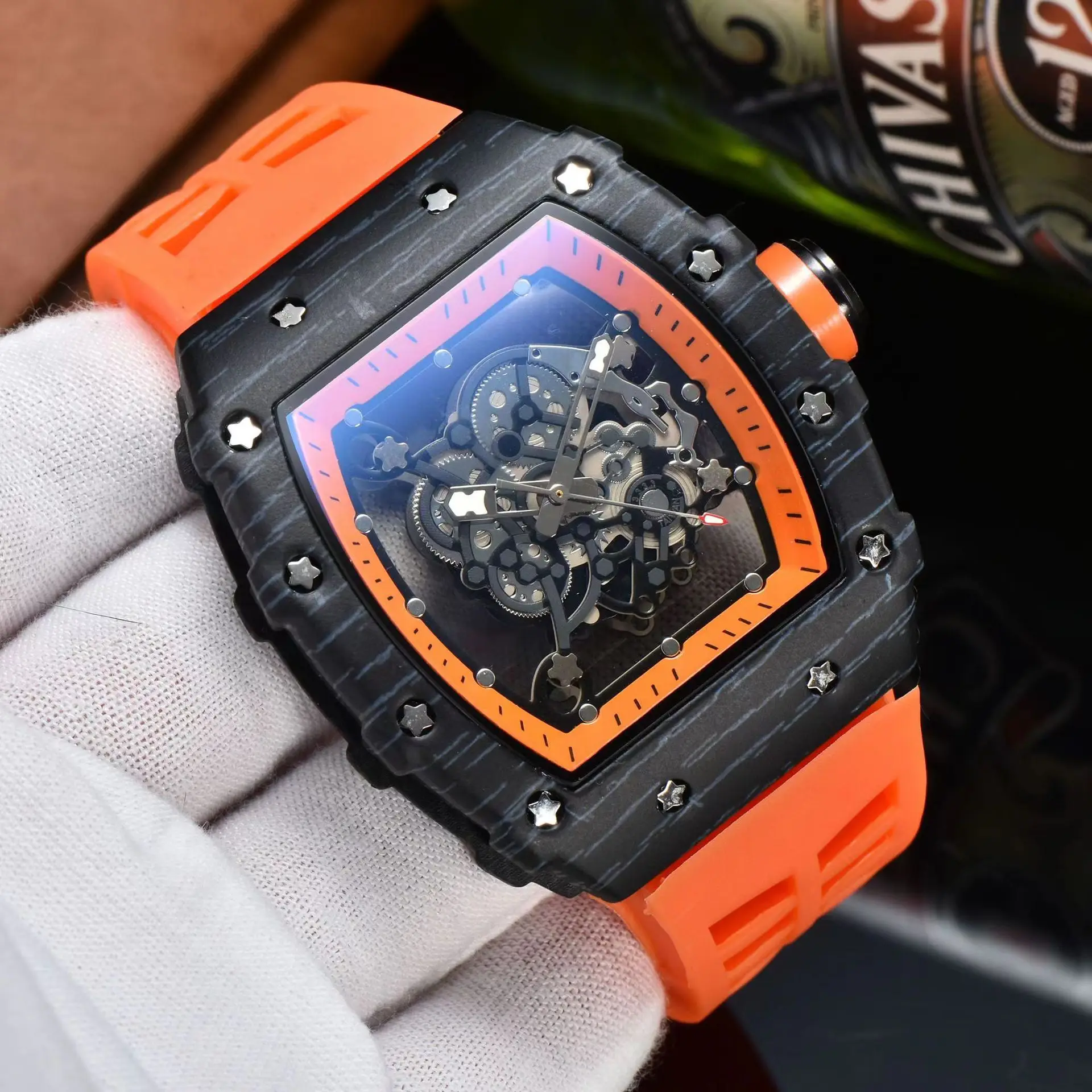

Top luxury brand Richard 3-pin transparent bottoming full function men's luxury waterproof watch men's quartz automatic watch