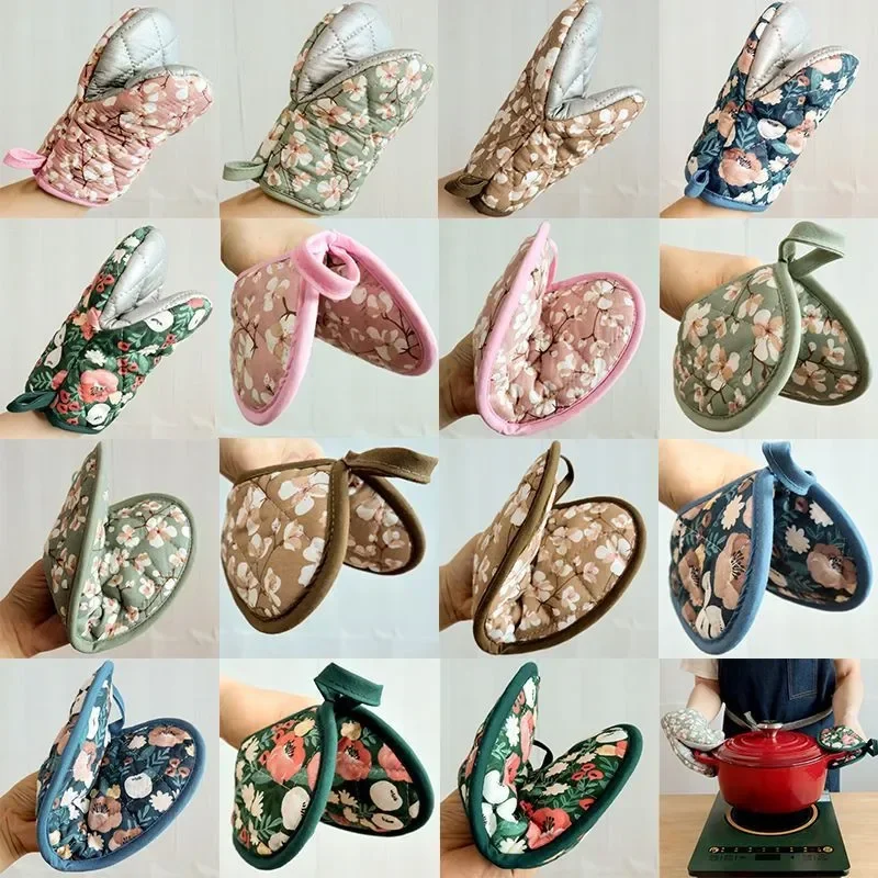 Bakeware Oven Mitts Kitchen Hot Resistant Heart-shaped Hand Clip Insulation Pad Flower Cotton Printed Baking Oven Gloves