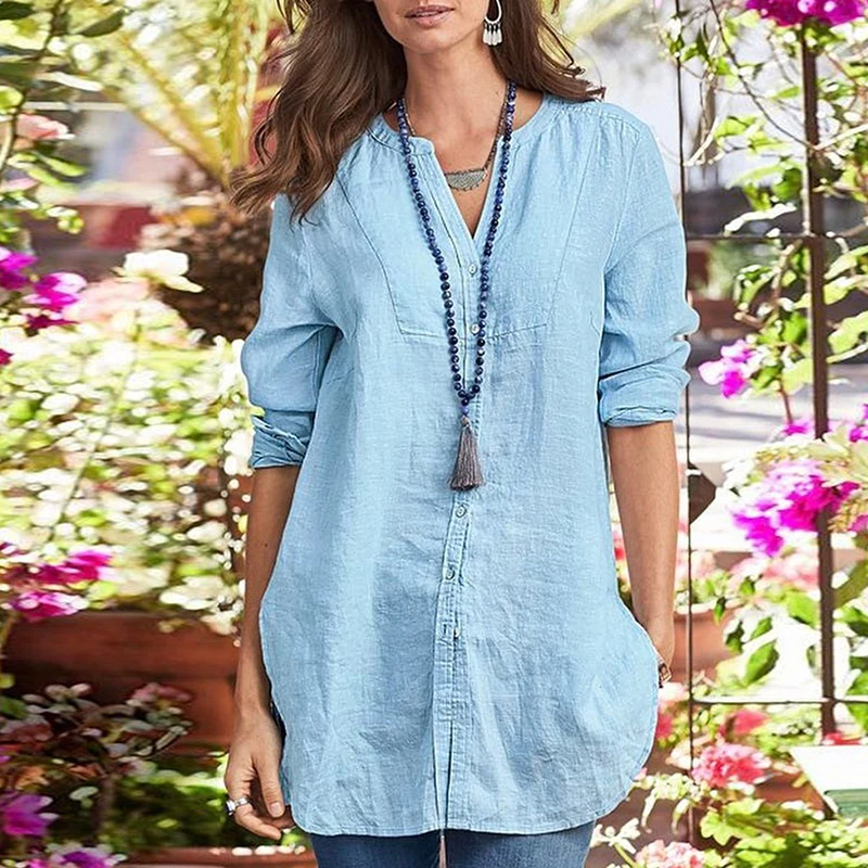 

Блузка женская однотонная на пуговицах, с длинным рукавом и V-образным вырезом