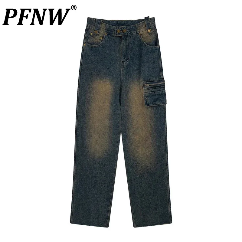 

PFNW Spring Summer Men's Tide Washed Vintage Mud Dyed Jeans Casual Zippers Pockets Straight Running Simple Denim Pants 12A9094