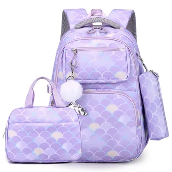 3pcs/Set Fish Scale Print Kid Backpack With Mermaid pendant Girl waterproof School Bag Children Schoolbag  For teenage girls 1
